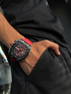 RELOJ CURREN METALIZADO NEGRO, CORREA SILICONA RED M8442