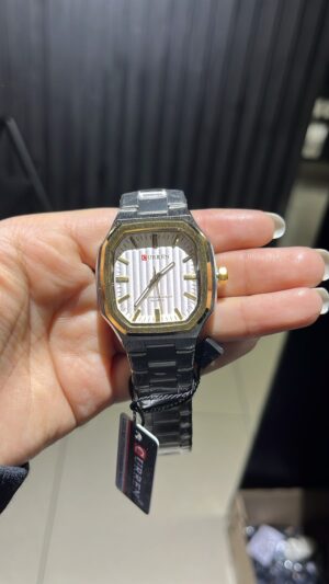 RELOJ CURREN METALIZADO DORADO SILVER LÍNEAS BLANCAS