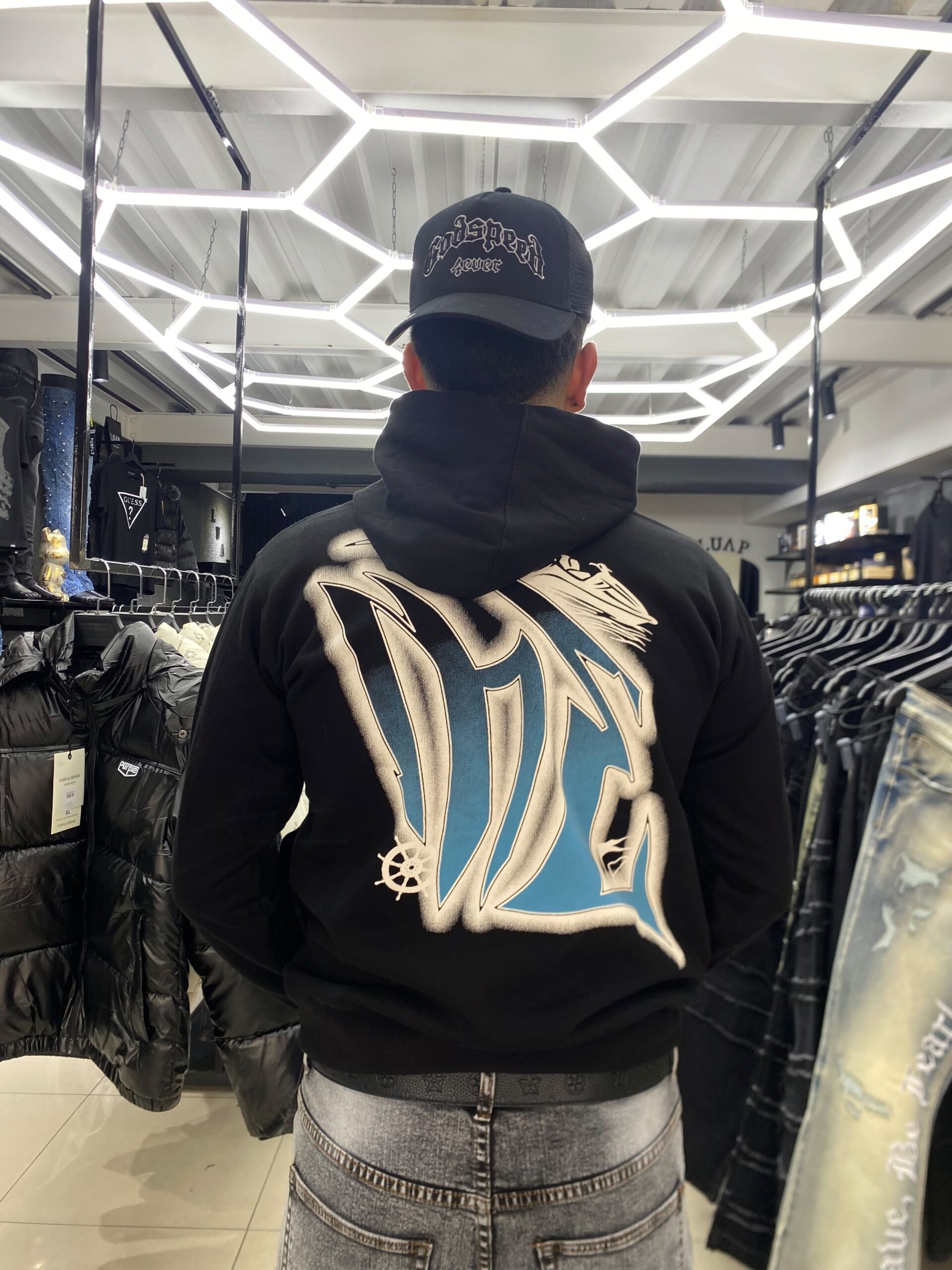 POLERON EMOTION NEGRO BRILLO NEGRO Y AZUL ANGEL MOTO